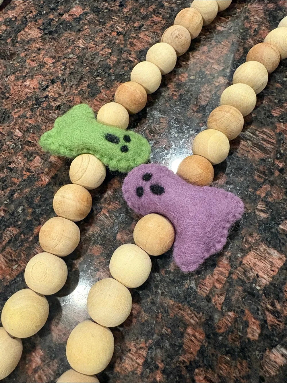 Natural Wood Bead Garland with Colorful Felt Ghosts - 6’ long